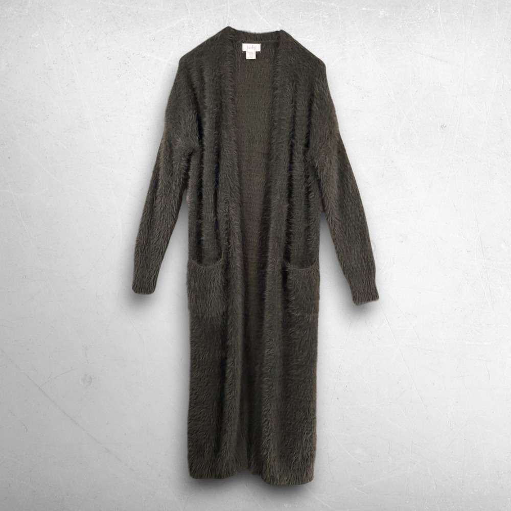 Eyelash Knit Longline Duster Cardigan Women XS Green Dark Academia Cozy Kaisley